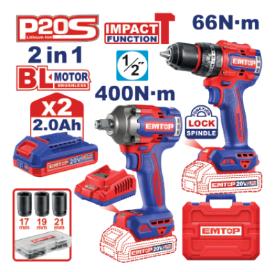 Cordless 2 Pcs Combo Kit with Brushless Impact Drill and Impact Wrench, 20V Lithium-Ion Batteries, Variable Speed, LED Lights, Durable Build, Ideal for Professional and DIY Use.